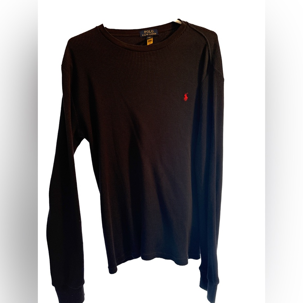 Ralph Lauren Blue Waffle Knit Long Sleeve Tee with Red Logo
